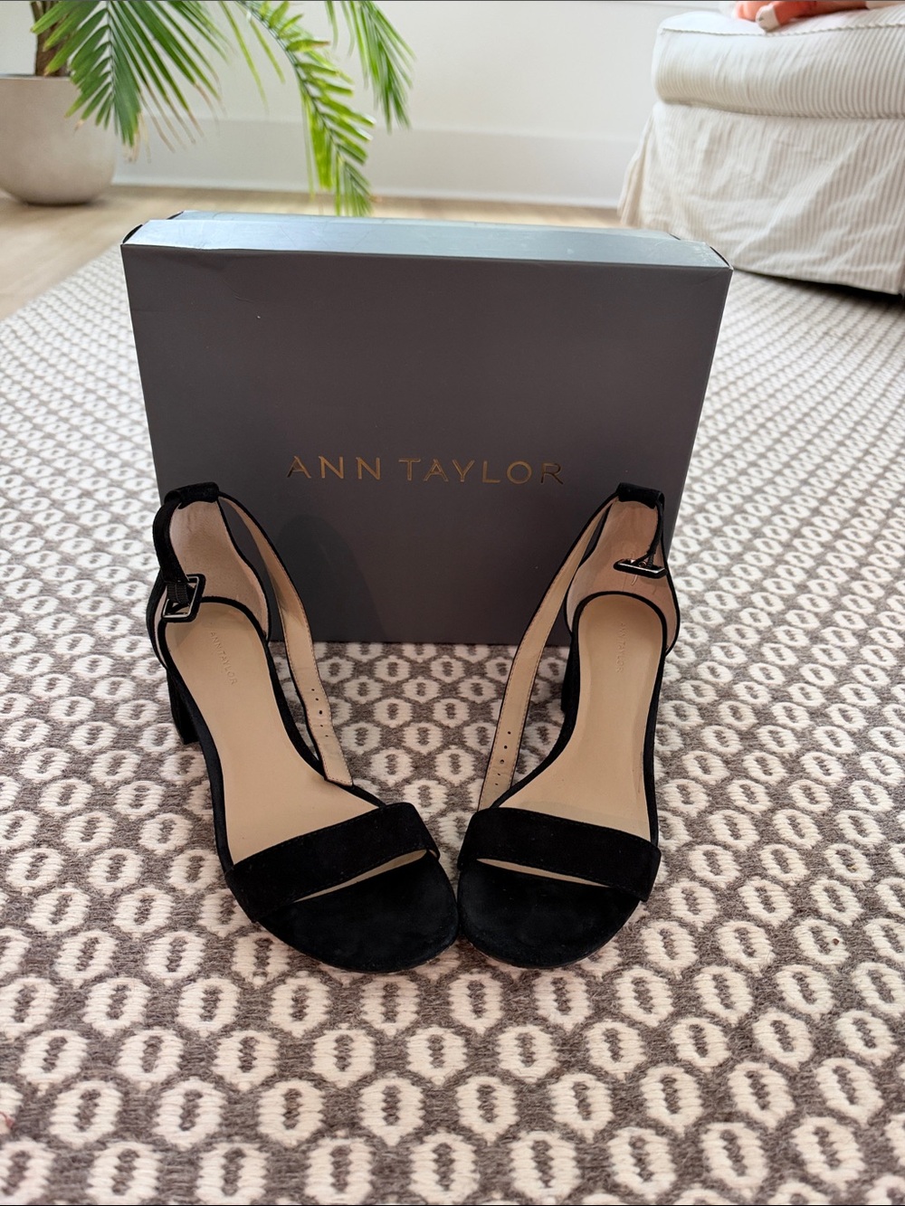 Ann Taylor Black Suede Open-Toe Ankle Strap Heels
